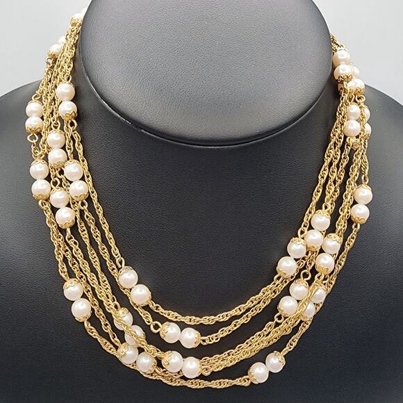 kramer Jewelry - Kramer 6-Strand Gold-Tone Faux Pearl Necklace • Adjustable 14–16" Choker